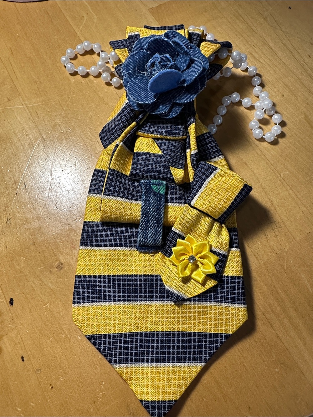 Claiborne Yellow and Navy Striped Silk Necklace Tie with Fabric Flower Accents